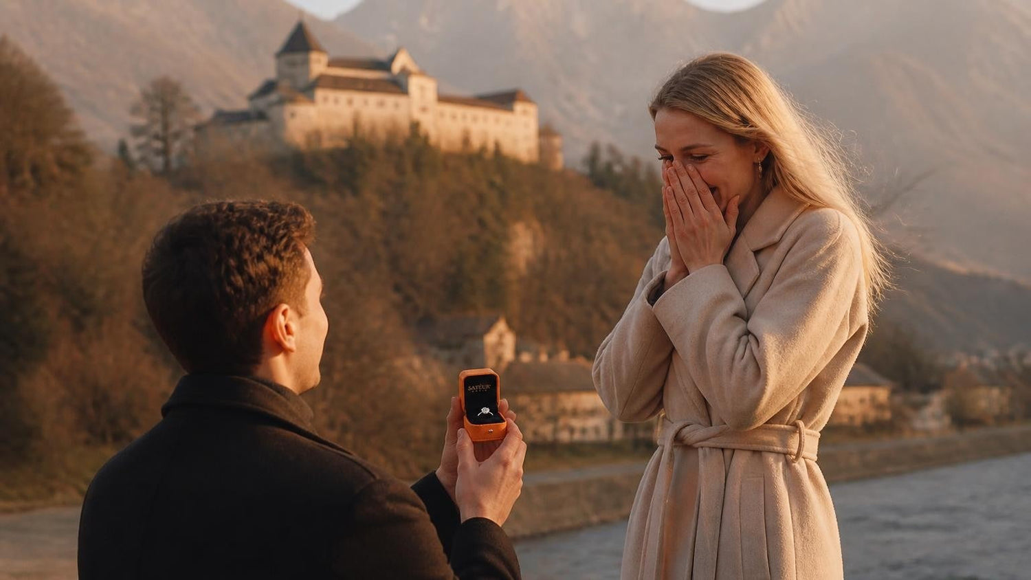 Marriage proposal in Liechtenstein with the Satéur Destinée Ring — Vaduz Castle above the Rhine Valley at golden hour