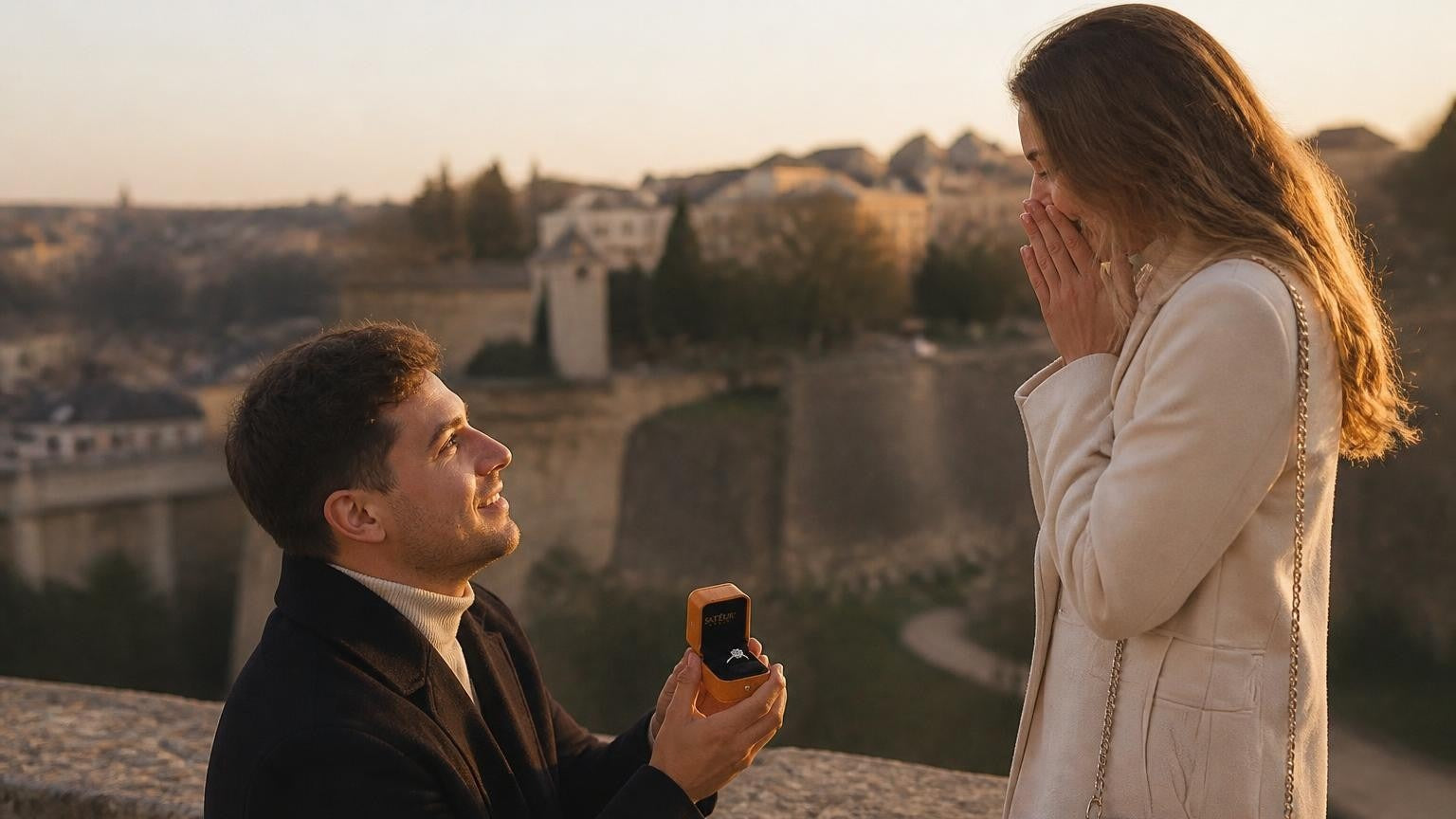 Marriage proposal in Luxembourg with the Satéur Destinée Ring — golden-hour panorama from the Bock Casemates over the old town