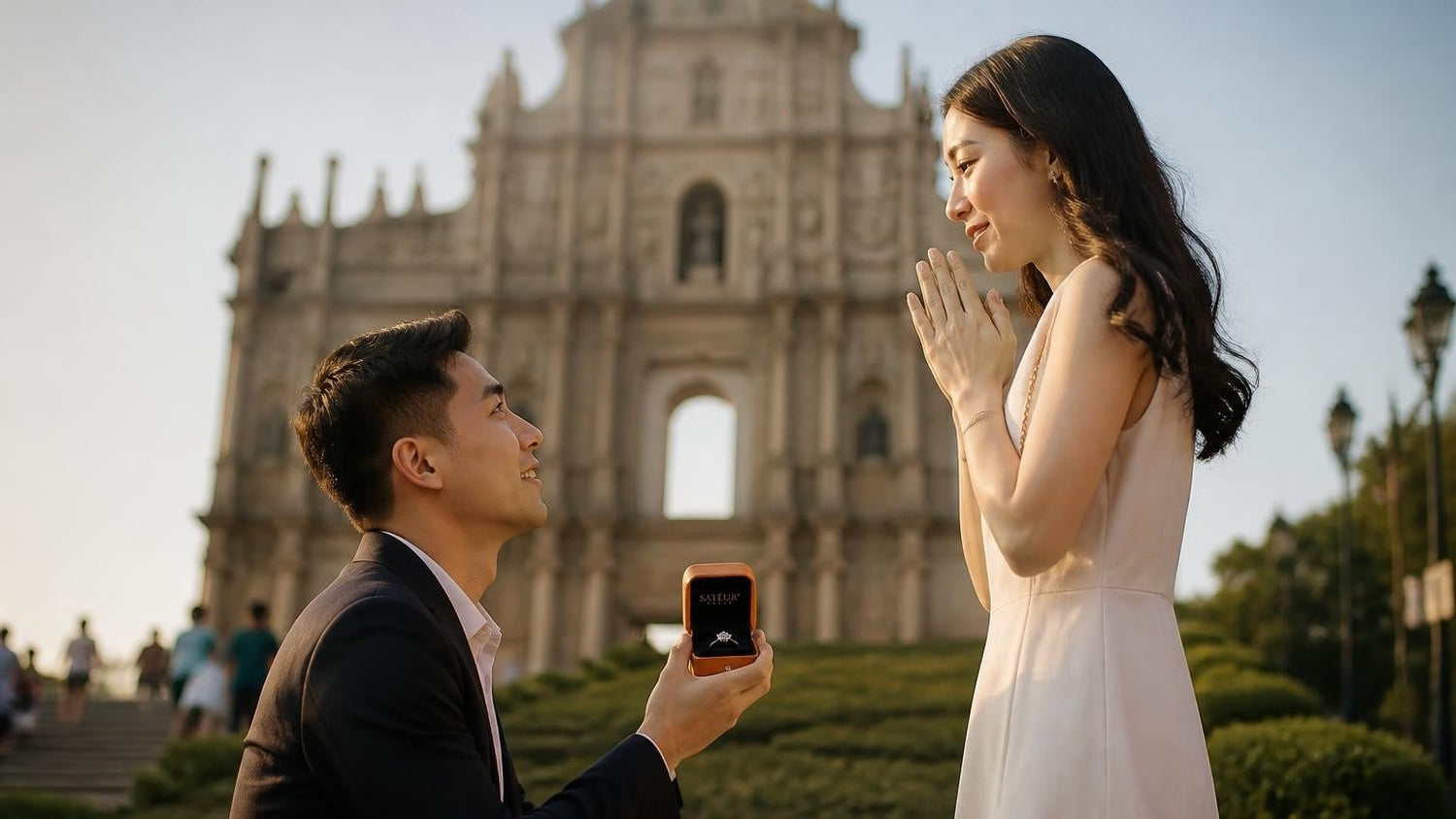 Marriage proposal in Macao with the Satéur Destinée Ring — sunrise at the Ruins of St. Paul's