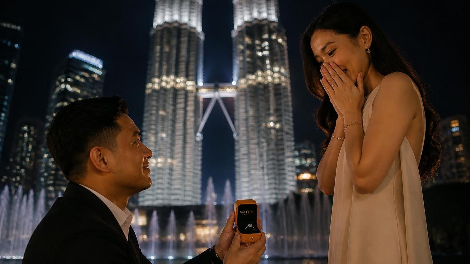 Marriage proposal in Malaysia with the Satéur Destinée Ring — rooftop evening with the Petronas Twin Towers lit behind