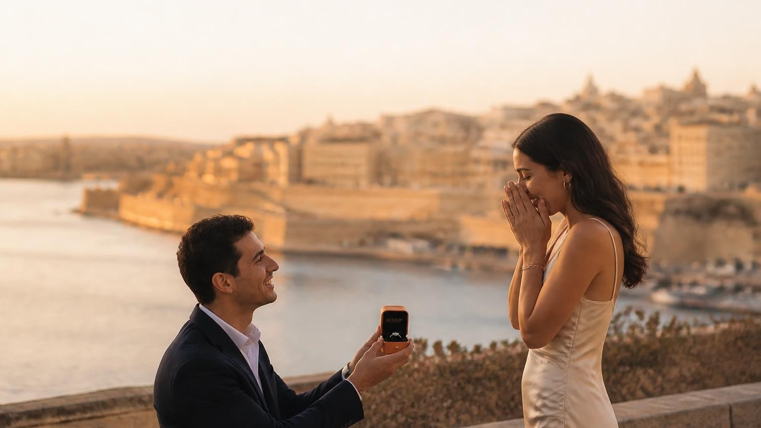 Marriage proposal in Malta with the Satéur Destinée Ring — couple above the Grand Harbour at golden hour in Valletta