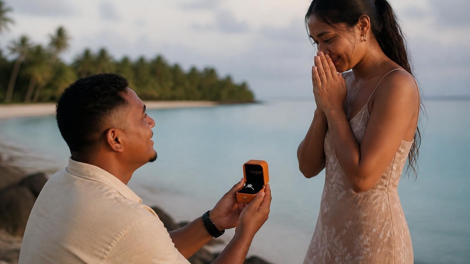 Marriage proposal in Marshall Islands with the Satéur Destinée Ring — couple on the Majuro Atoll lagoon at sunset