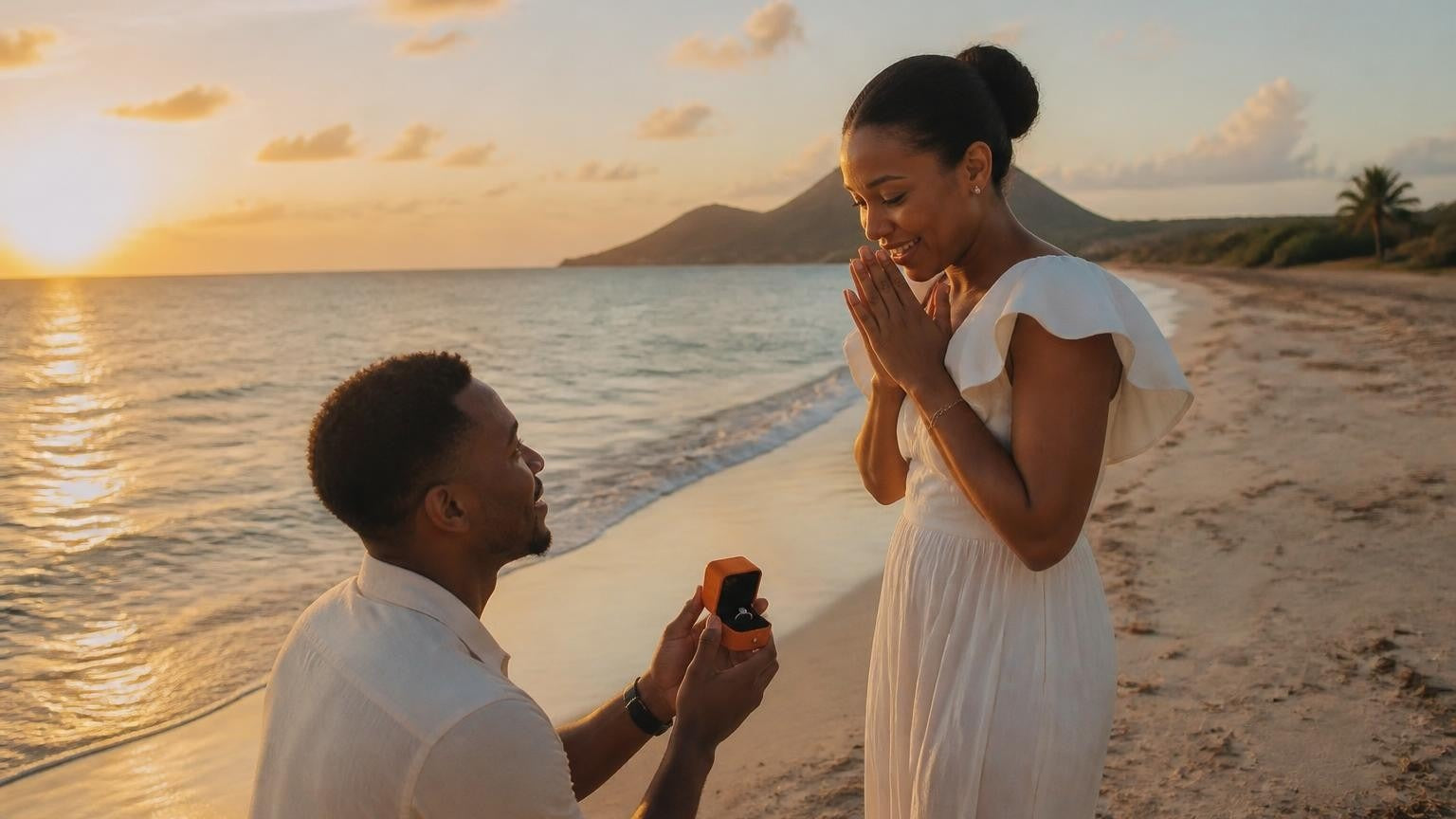 Marriage proposal in Martinique with the Satéur Destinée Ring — sunset on Les Salines beach