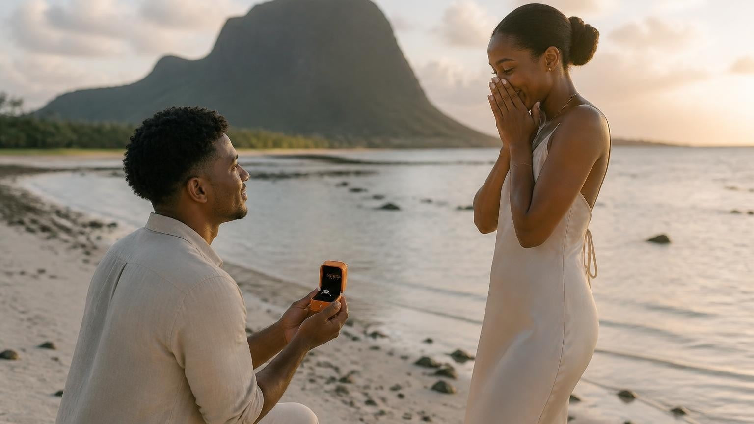 Marriage proposal in Mauritius with the Satéur Destinée Ring — sunrise at Le Morne Brabant
