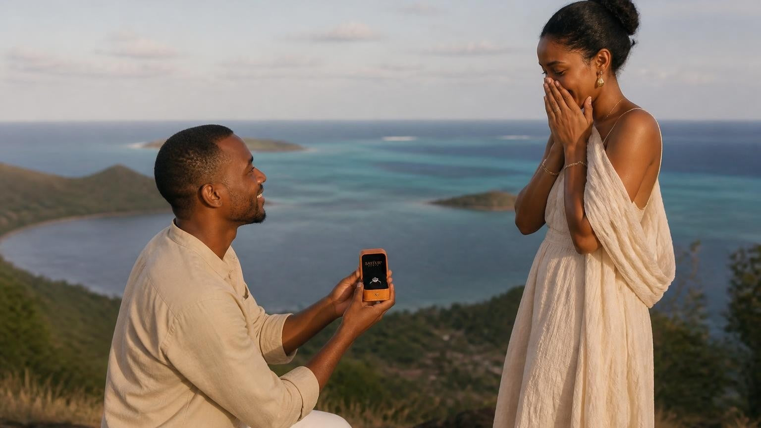Marriage proposal in Mayotte with the Satéur Destinée Ring — sunrise over the turquoise lagoon