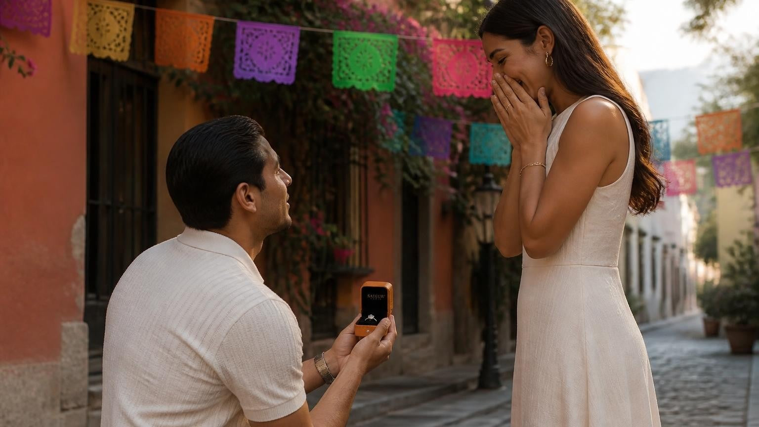 Marriage proposal in Mexico with the Satéur Destinée Ring — golden-hour moment beneath the Angel of Independence
