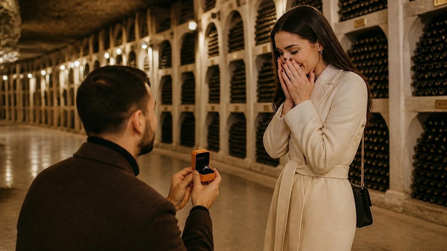 Marriage proposal in Moldova with the Satéur Destinée Ring — golden hour at Orheiul Vechi cave monastery above the Răut river