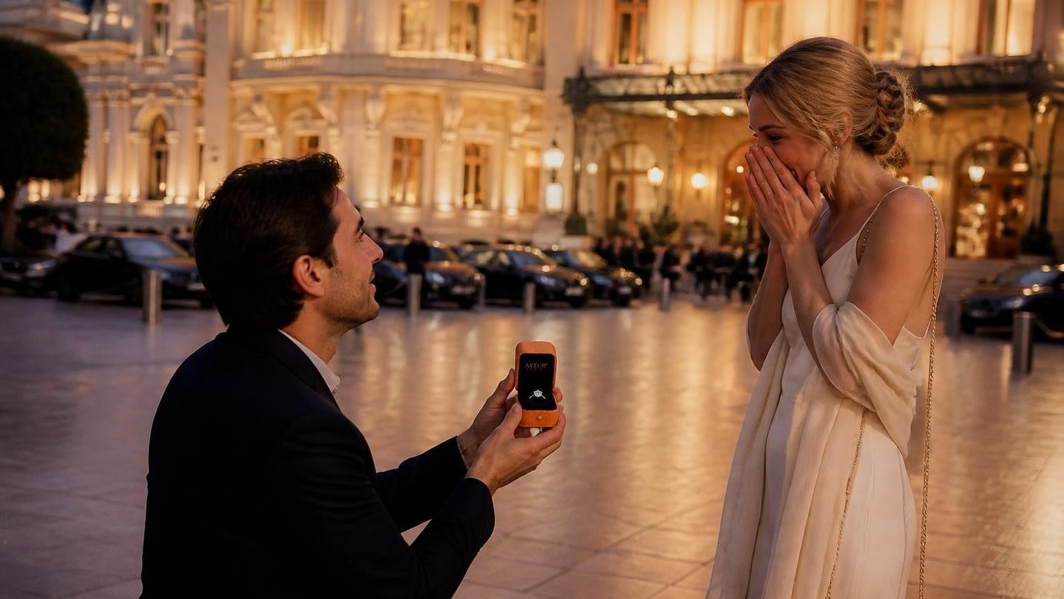 Marriage proposal in Monaco with the Satéur Destinée Ring — terrace overlooking the Monte Carlo harbour at dusk