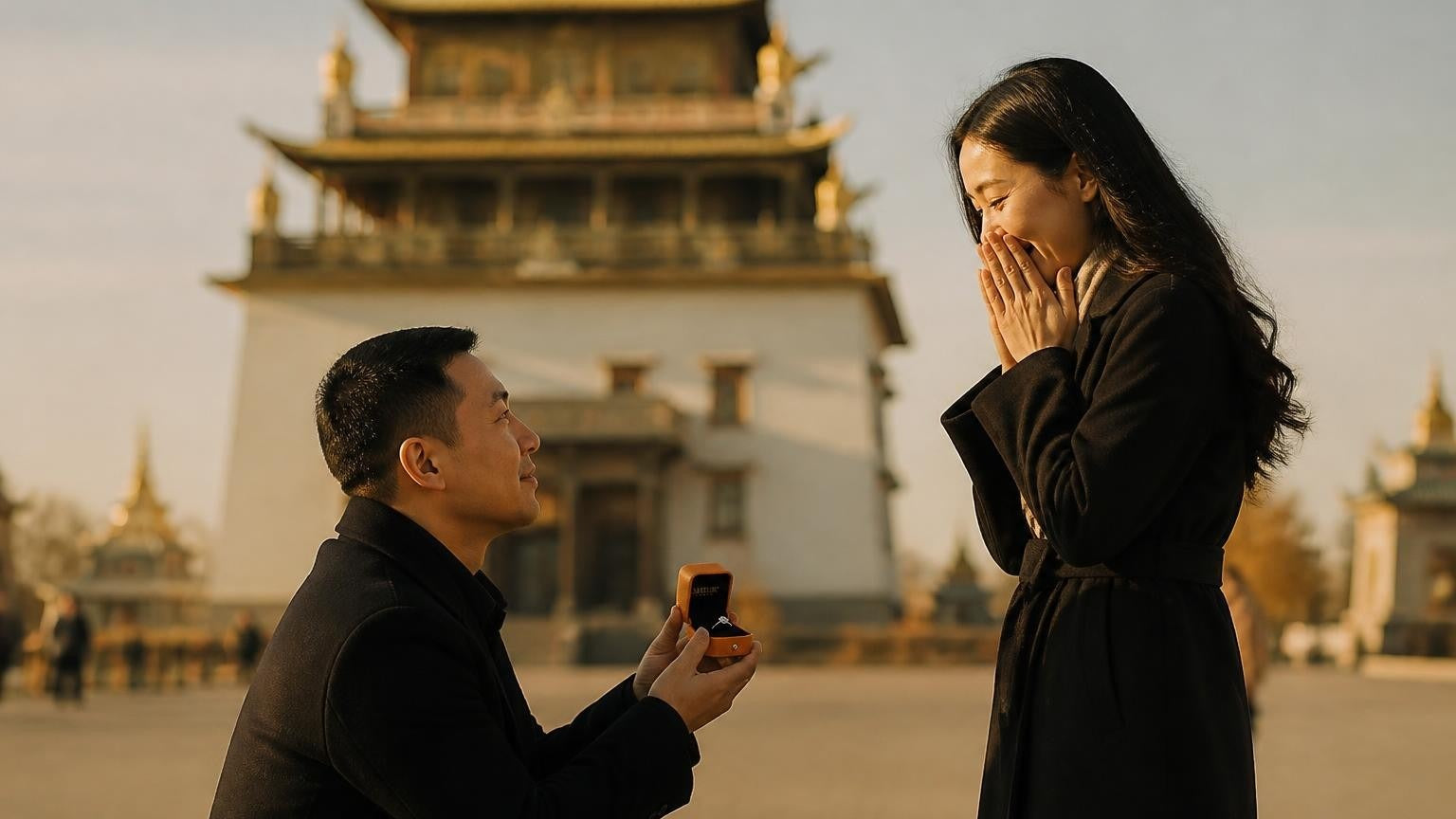 Marriage proposal in Mongolia with the Satéur Destinée Ring — on the open steppe at golden hour