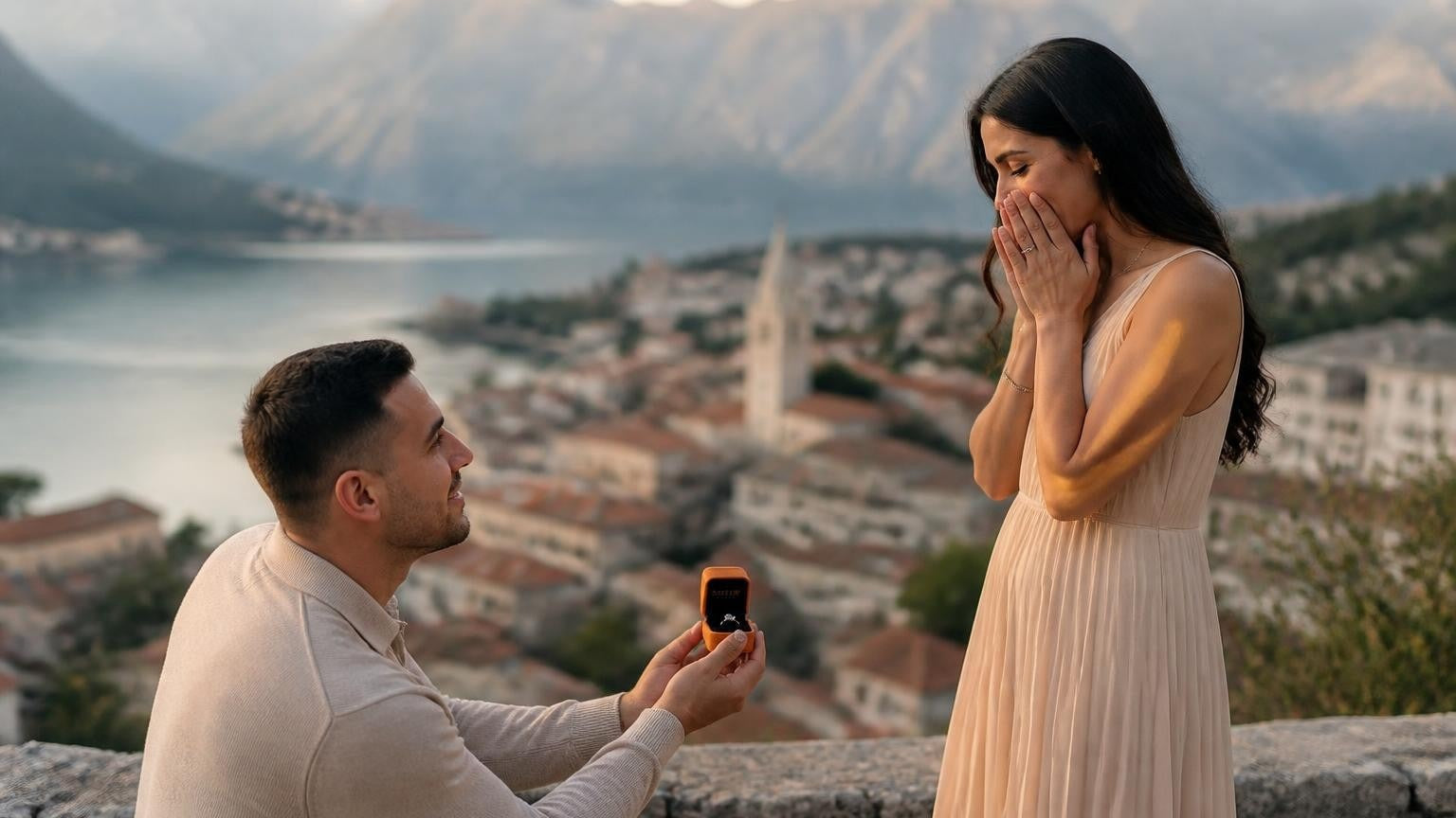 Marriage proposal in Montenegro with the Satéur Destinée Ring — Kotor Bay at dawn beneath the Venetian walls