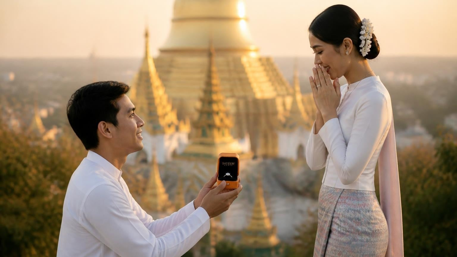 Marriage proposal in Myanmar (Burma) with the Satéur Destinée Ring — golden hour at Shwedagon Pagoda, Yangon