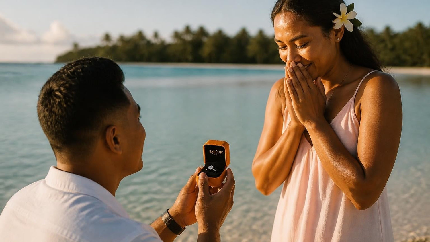Marriage proposal in Nauru with the Satéur Destinée Ring — sunrise over Anibare Bay lagoon