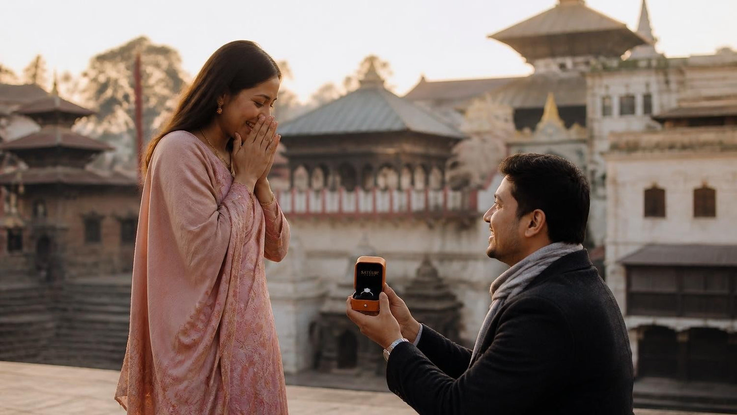 Marriage proposal in Nepal with the Satéur Destinée Ring — sunrise over the Himalaya at Sarangkot, Pokhara