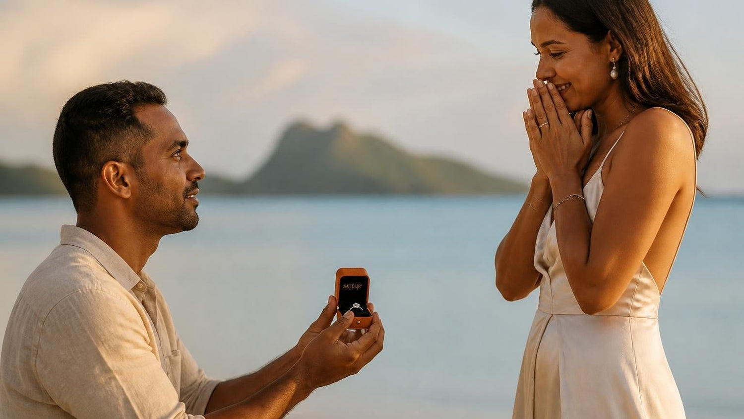Marriage proposal in New Caledonia with the Satéur Destinée Ring — beside the UNESCO lagoon at golden hour