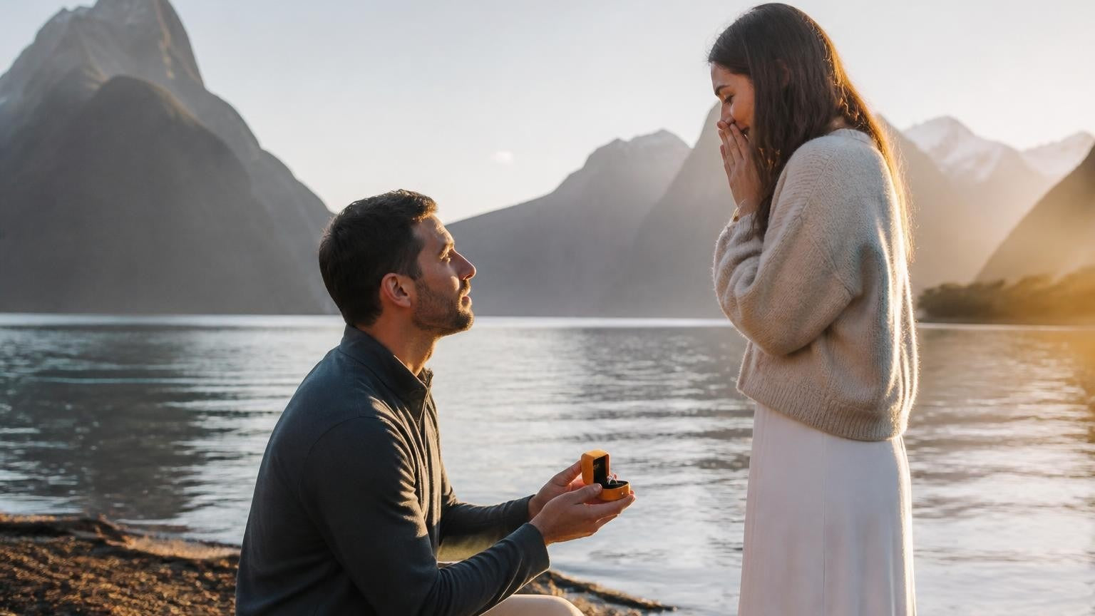 Marriage proposal in New Zealand with the Satéur Destinée Ring — sunrise at Milford Sound