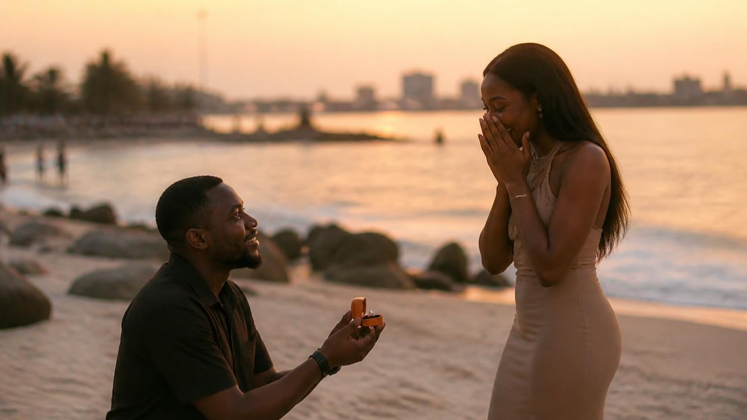 Marriage proposal in Nigeria with the Satéur Destinée Ring — sunset over the Lagos waterfront