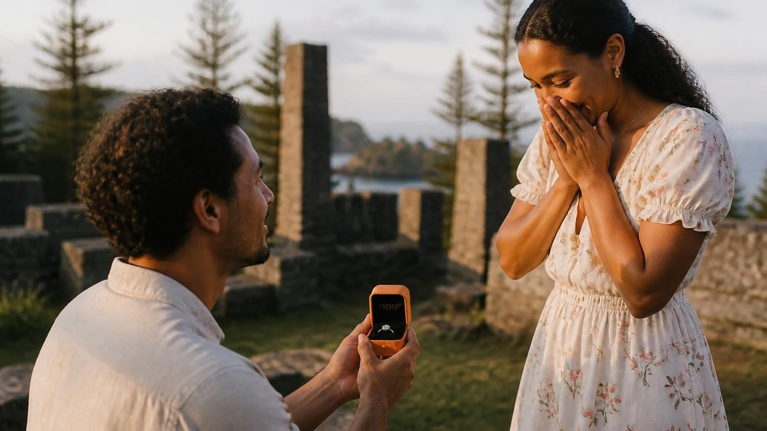 Marriage proposal in Norfolk Island with the Satéur Destinée Ring — Kingston convict-era ruins and Norfolk pines