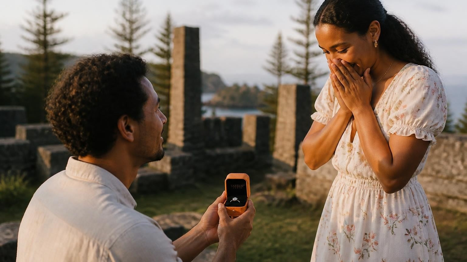 Marriage proposal in Norfolk Island with the Satéur Destinée Ring — Kingston convict-era ruins and Norfolk pines