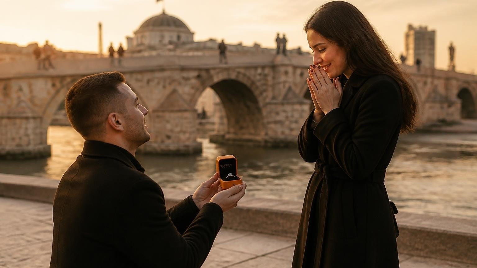 Marriage proposal in North Macedonia with the Satéur Destinée Ring — Skopje Stone Bridge over the Vardar at sunset