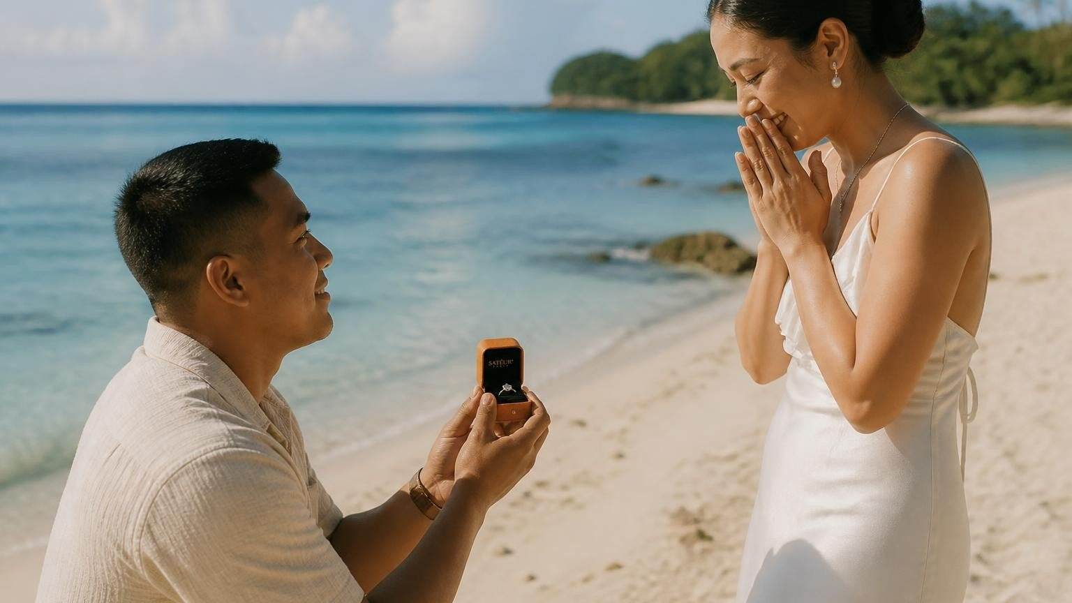 Marriage proposal in the Northern Mariana Islands with the Satéur Destinée Ring — sunrise over the Managaha lagoon, Saipan