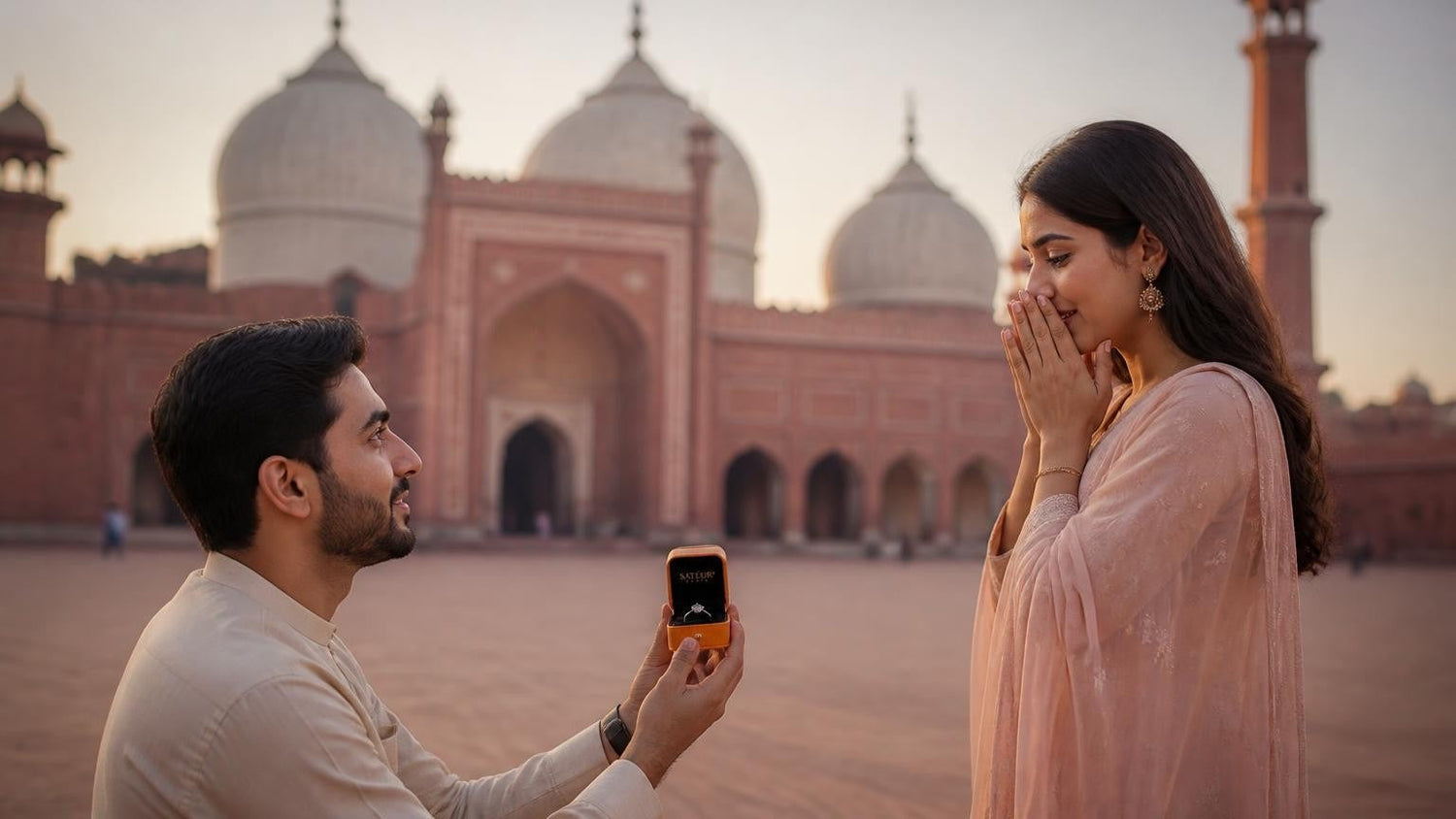Marriage proposal in Pakistan with the Satéur Destinée Ring — couple at Badshahi Mosque, Lahore, at golden hour