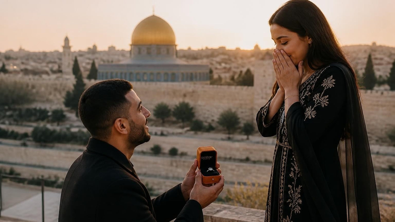 Marriage proposal in Palestine with the Satéur Destinée Ring — couple at sunrise above the Old City