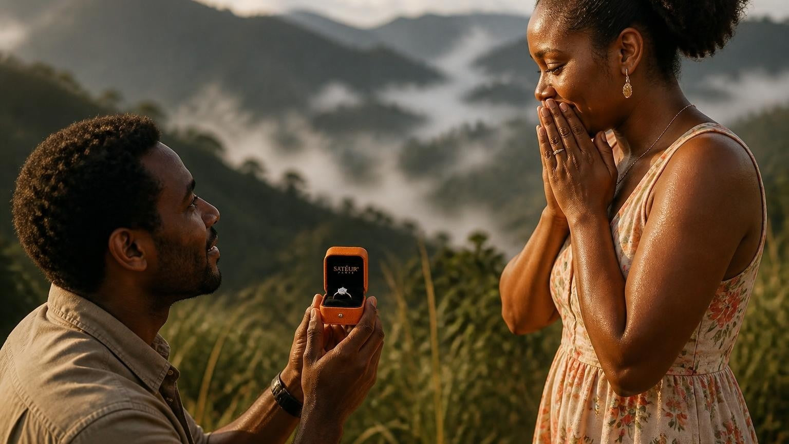 Marriage proposal in Papua New Guinea with the Satéur Destinée Ring — highland mist over the Kokoda ranges at golden hour
