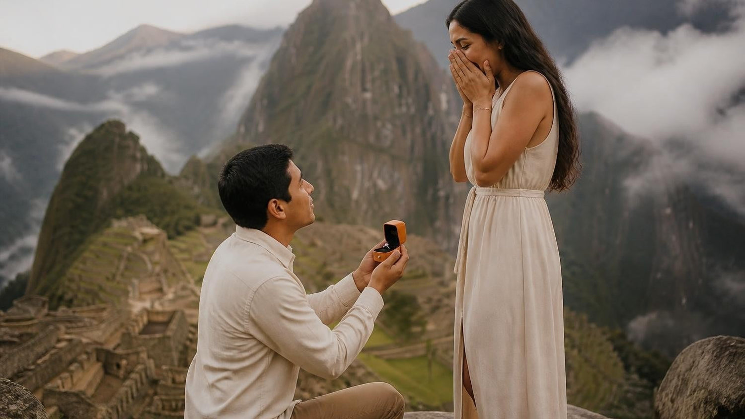 Marriage proposal in Peru with the Satéur Destinée Ring — Machu Picchu citadel in morning mist