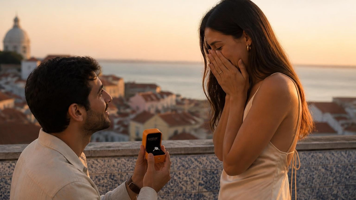 Marriage proposal in Portugal with the Satéur Destinée Ring — Alfama rooftops above the Tagus at sunset