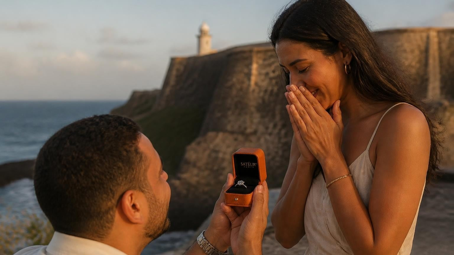 Marriage proposal in Puerto Rico with the Satéur Destinée Ring — golden hour on the walls of El Morro above the Atlantic