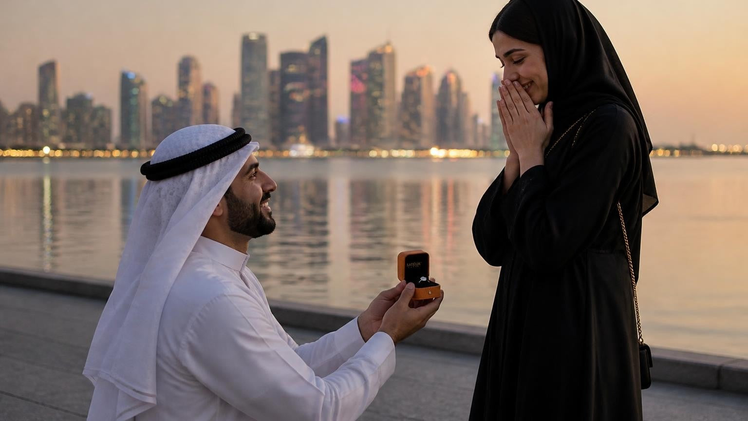 Marriage proposal in Qatar with the Satéur Destinée Ring — couple on the Doha Corniche at dusk before the West Bay skyline