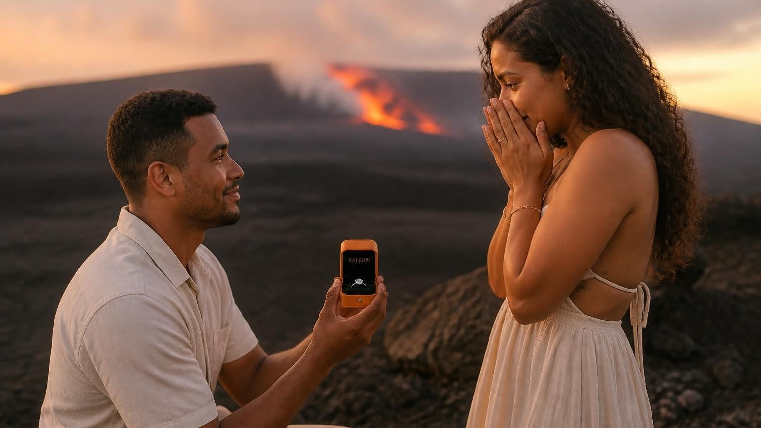 Marriage proposal in Réunion with the Satéur Destinée Ring — couple at the rim of Piton de la Fournaise at dusk