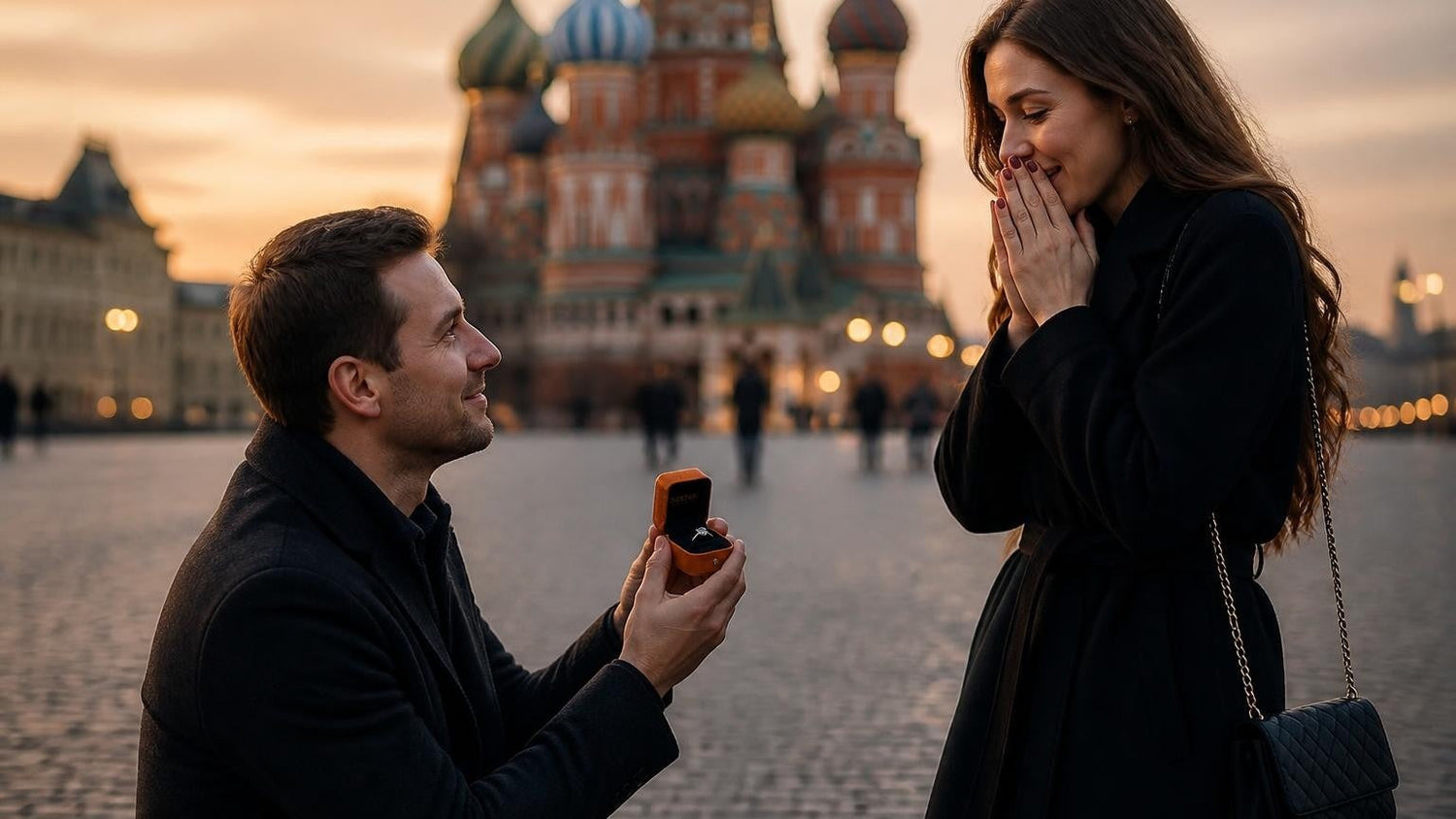 Marriage proposal in Russia with the Satéur Destinée Ring — Saint Basil's Cathedral on Red Square at dusk