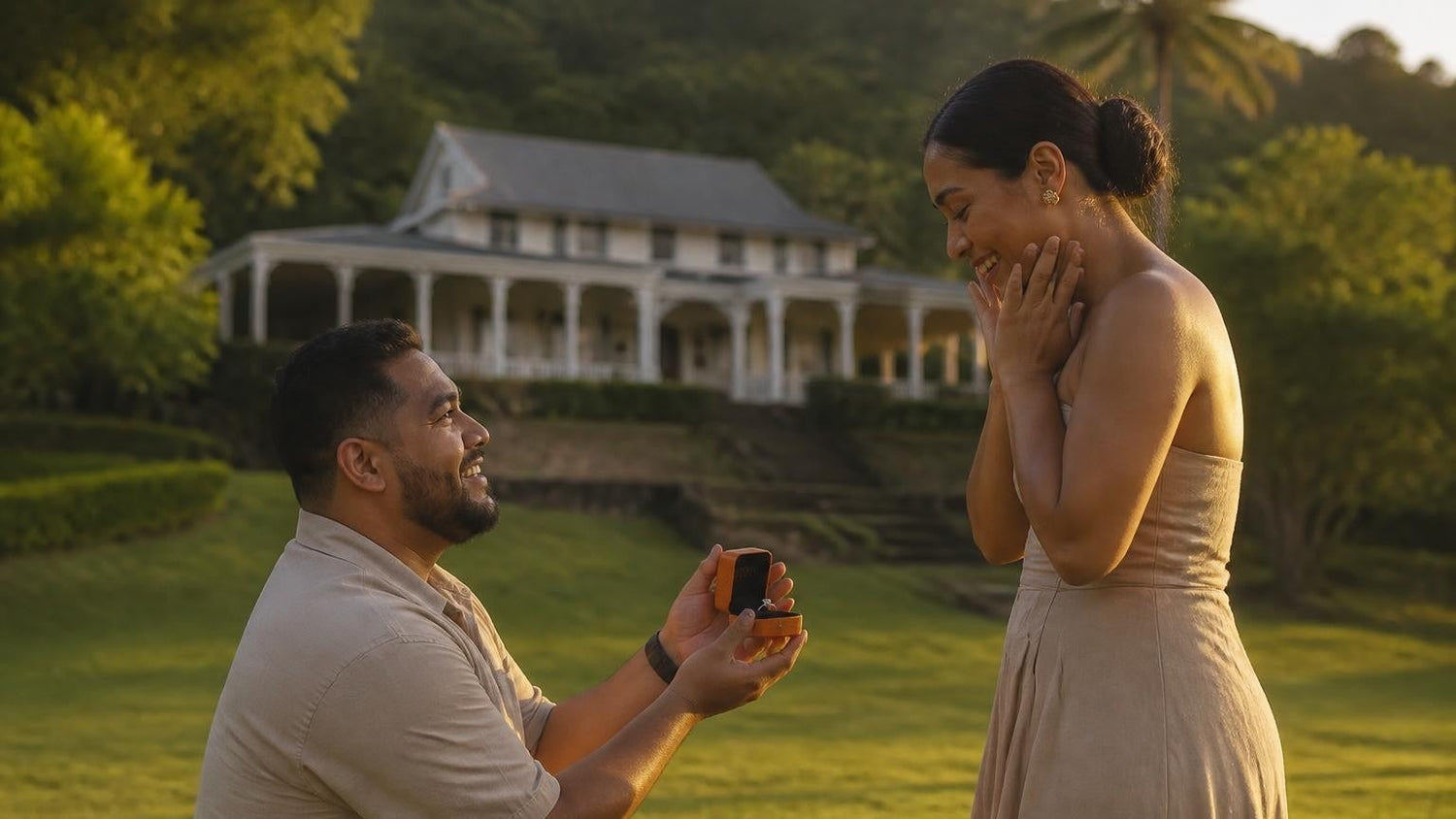 Marriage proposal in Samoa with the Satéur Destinée Ring — sunset on the South Pacific coast of Upolu