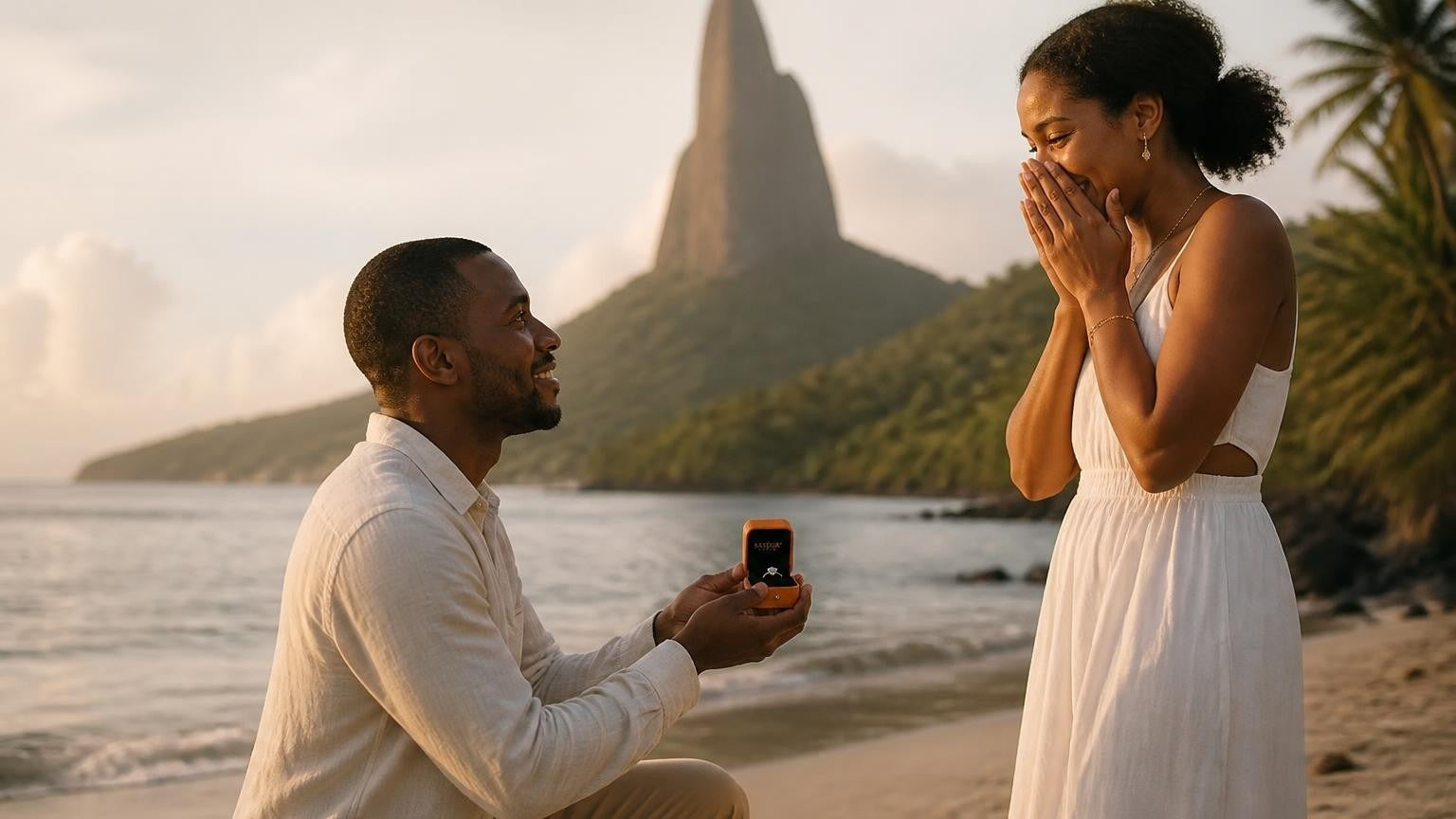 Marriage proposal in São Tomé & Príncipe with the Satéur Destinée Ring — sunrise beneath the Pico Cão Grande spire