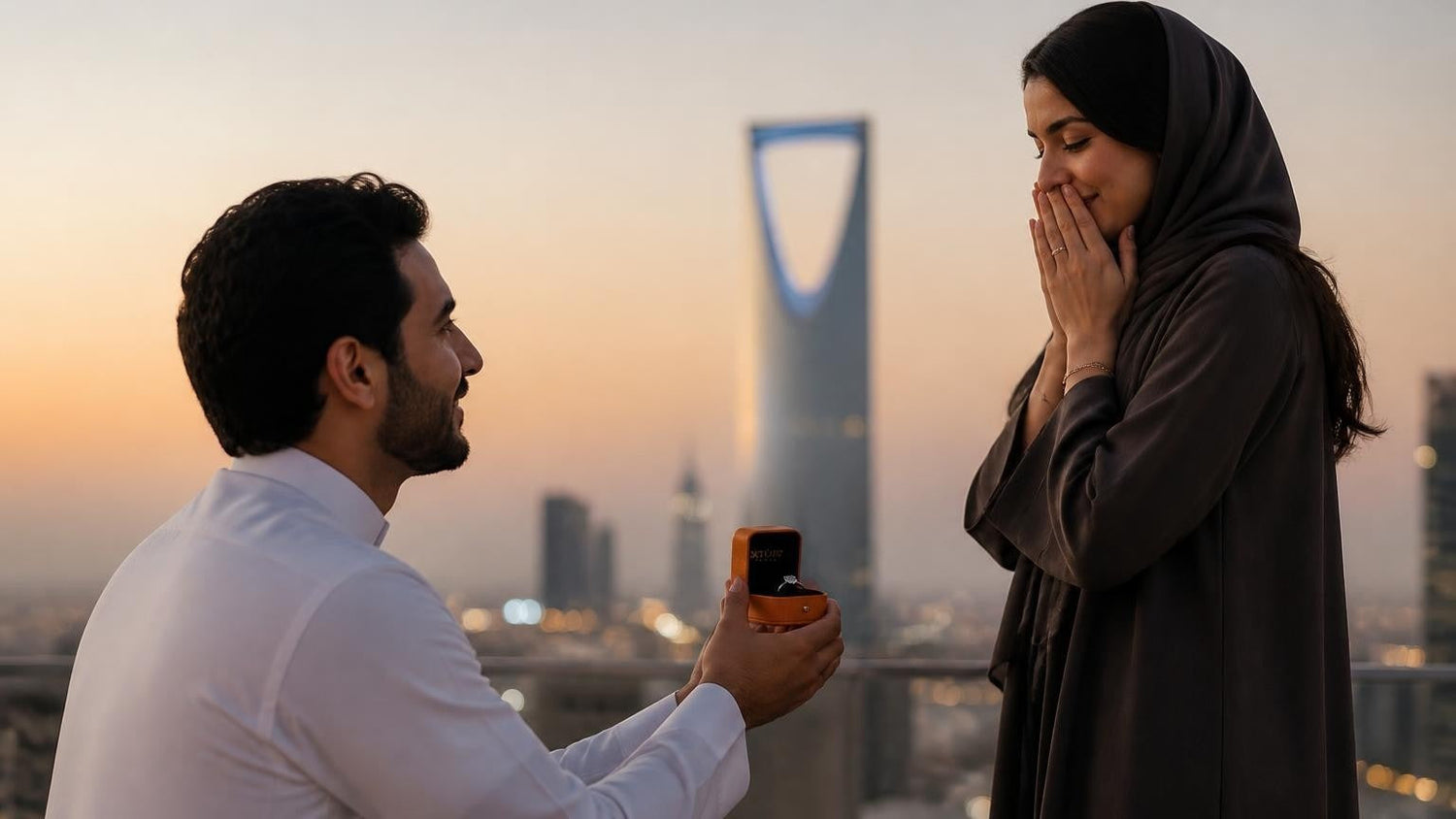 Marriage proposal in Saudi Arabia with the Satéur Destinée Ring — sunset at AlUla's sandstone canyons