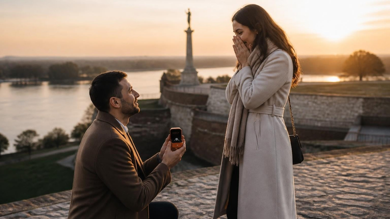 Marriage proposal in Serbia with the Satéur Destinée Ring — Kalemegdan Fortress at sunset above the Sava–Danube confluence