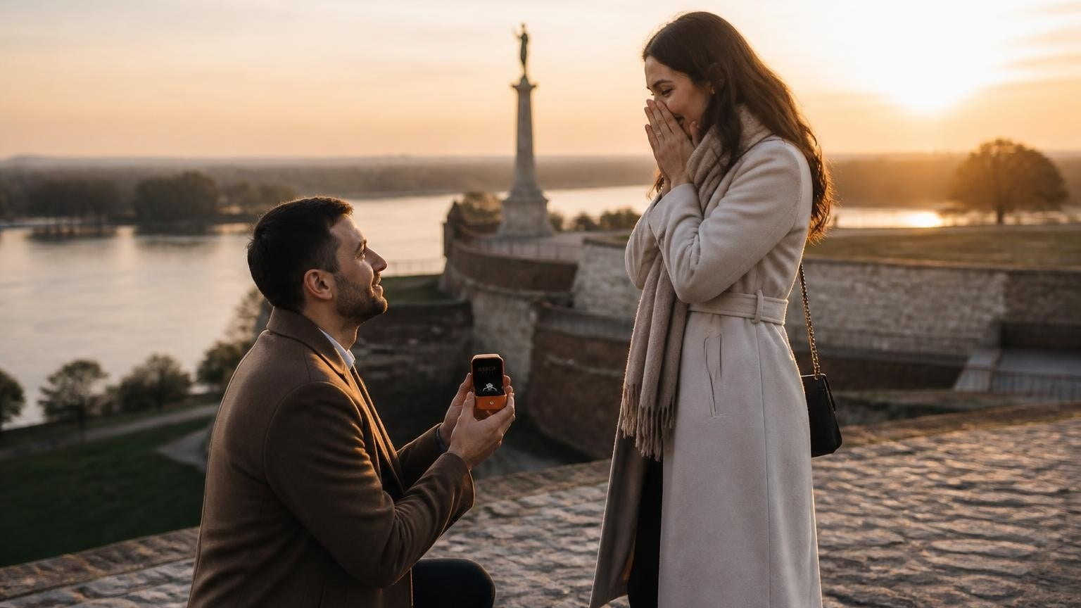 Marriage proposal in Serbia with the Satéur Destinée Ring — Kalemegdan Fortress at sunset above the Sava–Danube confluence