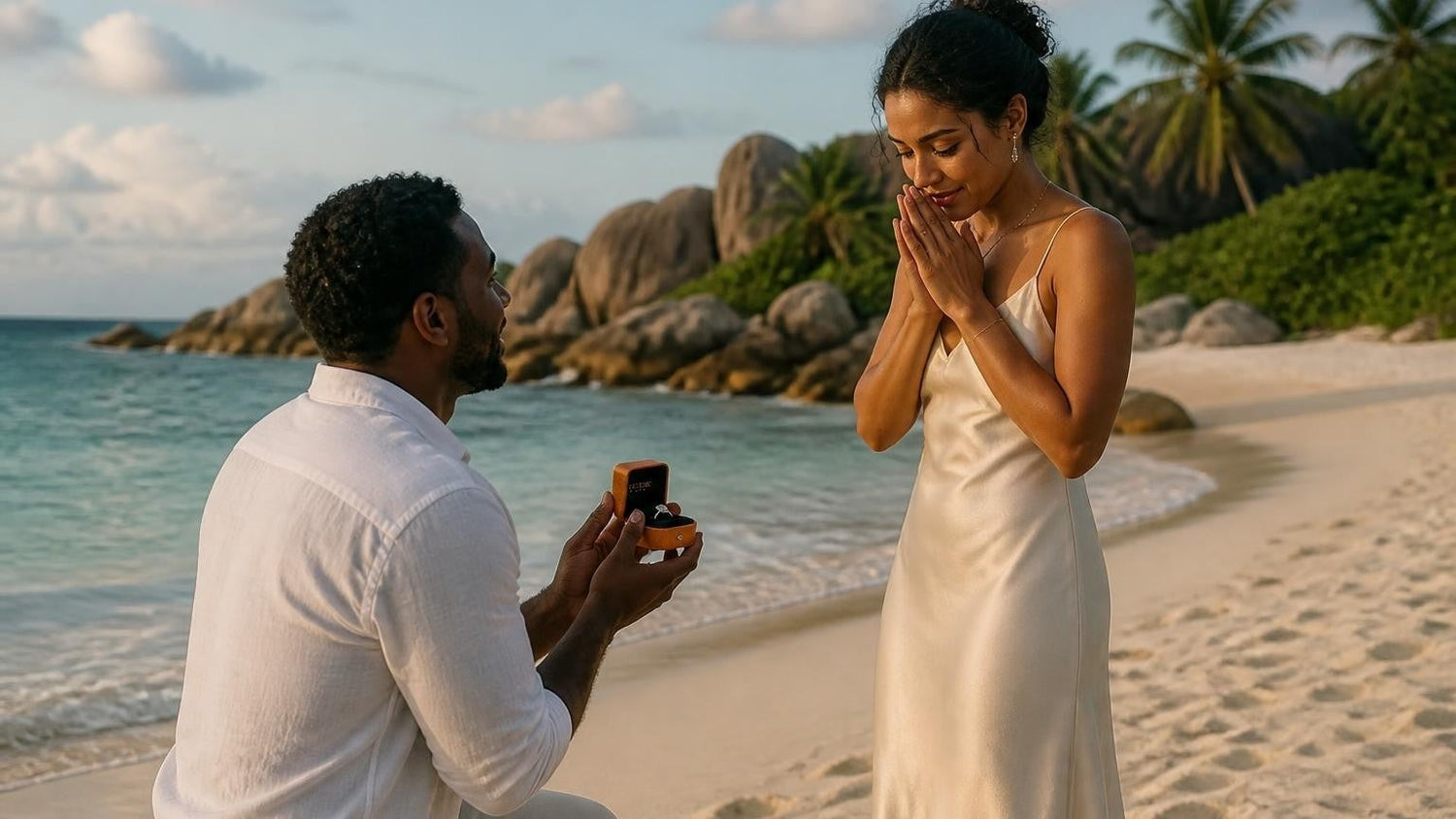 Marriage proposal in Seychelles with the Satéur Destinée Ring — granite boulders and turquoise water at Anse Source d'Argent