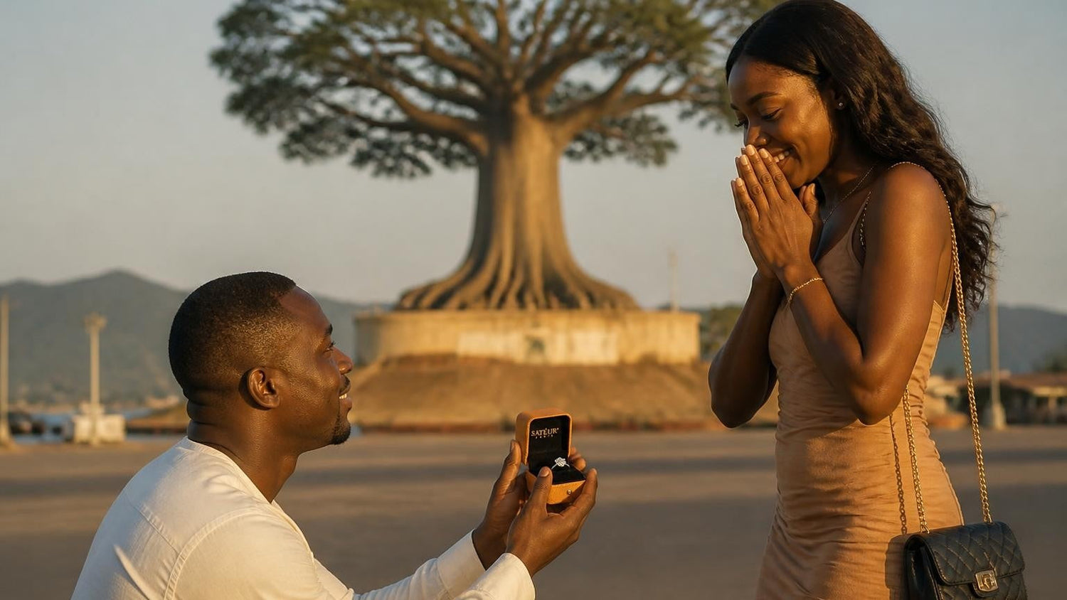 Marriage proposal in Sierra Leone with the Satéur Destinée Ring — sunset on Lumley Beach, Freetown