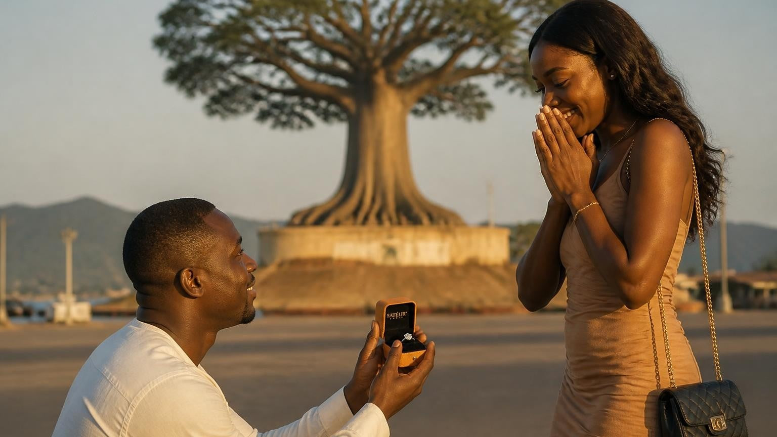 Marriage proposal in Sierra Leone with the Satéur Destinée Ring — sunset on Lumley Beach, Freetown