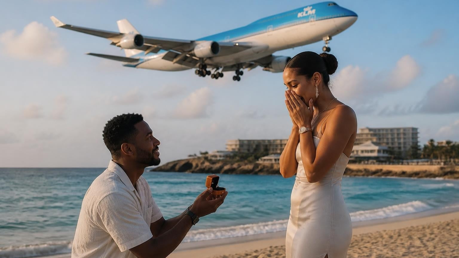 Marriage proposal in Sint Maarten with the Satéur Destinée Ring — Maho Beach at golden hour