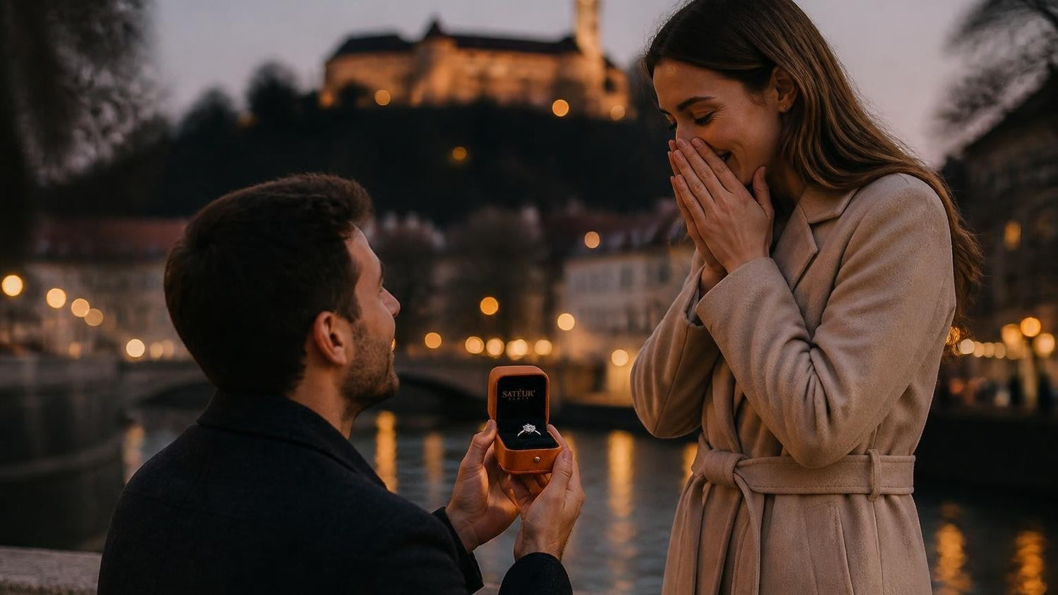 Marriage proposal in Slovenia with the Satéur Destinée Ring — Lake Bled island church at sunset