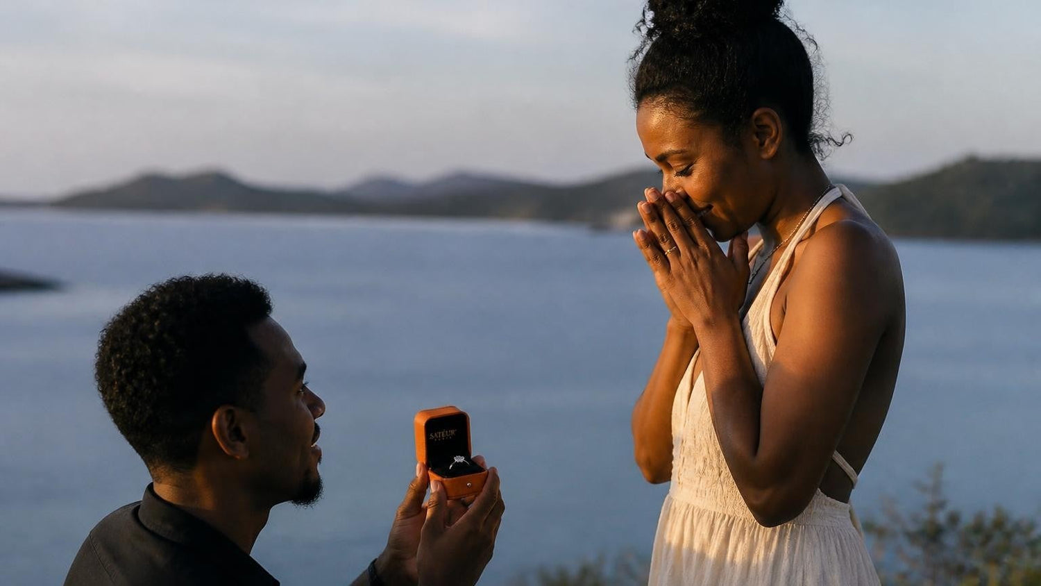 Marriage proposal in Solomon Islands with the Satéur Destinée Ring — sunrise over Marovo Lagoon