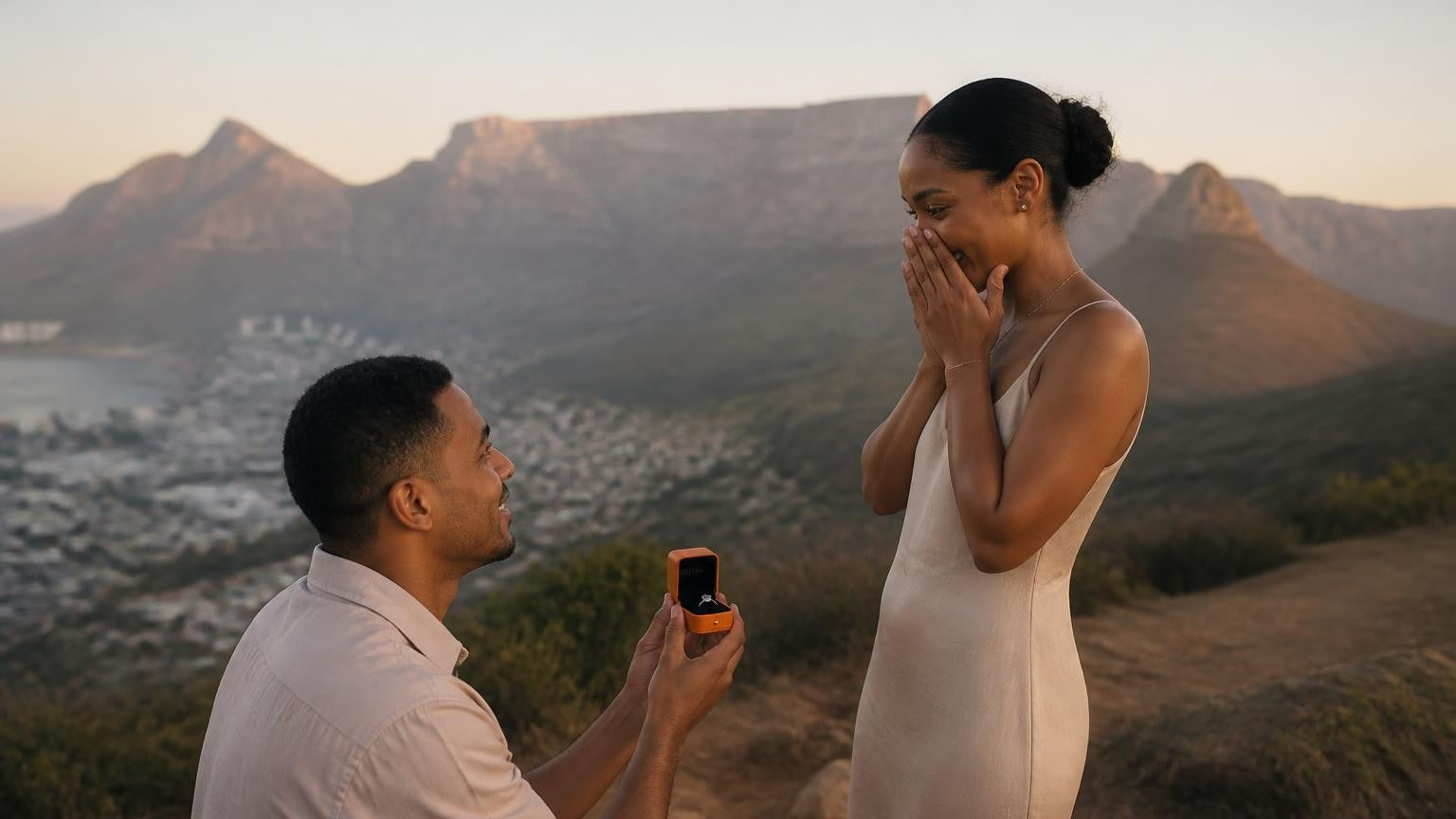Marriage proposal in South Africa with the Satéur Destinée Ring — couple atop Table Mountain above Cape Town at sunrise