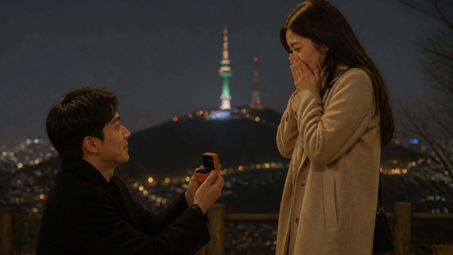Marriage proposal in South Korea with the Satéur Destinée Ring — sunset at N Seoul Tower above the city lights