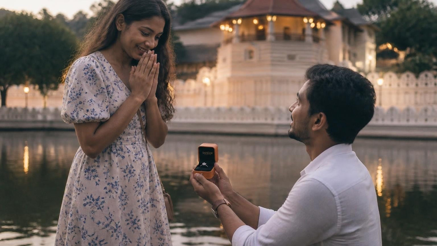 Marriage proposal in Sri Lanka with the Satéur Destinée Ring — sunrise on Adam's Peak above the cloud sea