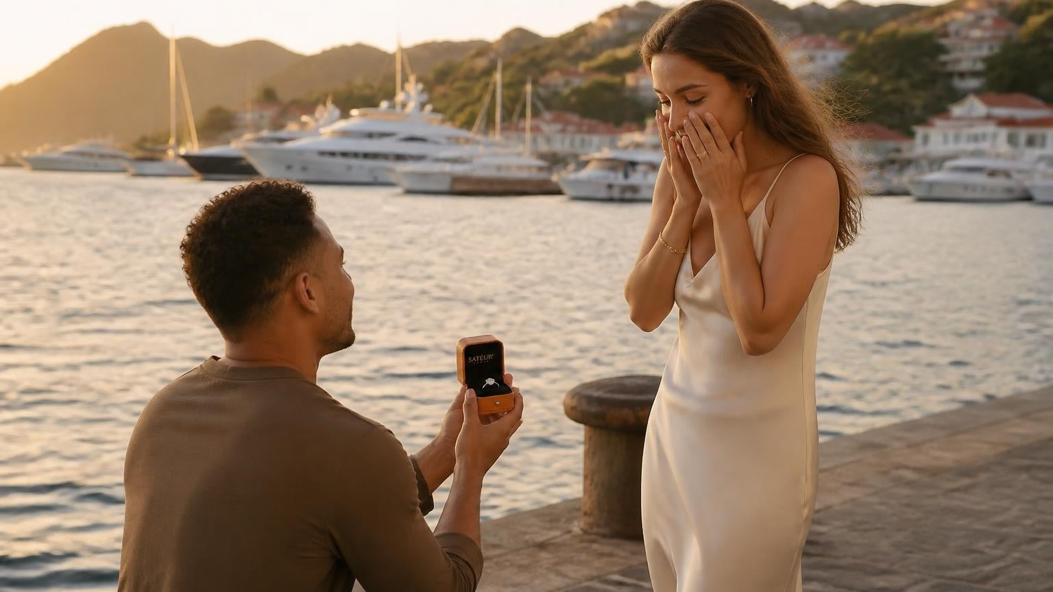 Marriage proposal in St. Barthélemy with the Satéur Destinée Ring — Gustavia harbour at sunset with moored superyachts