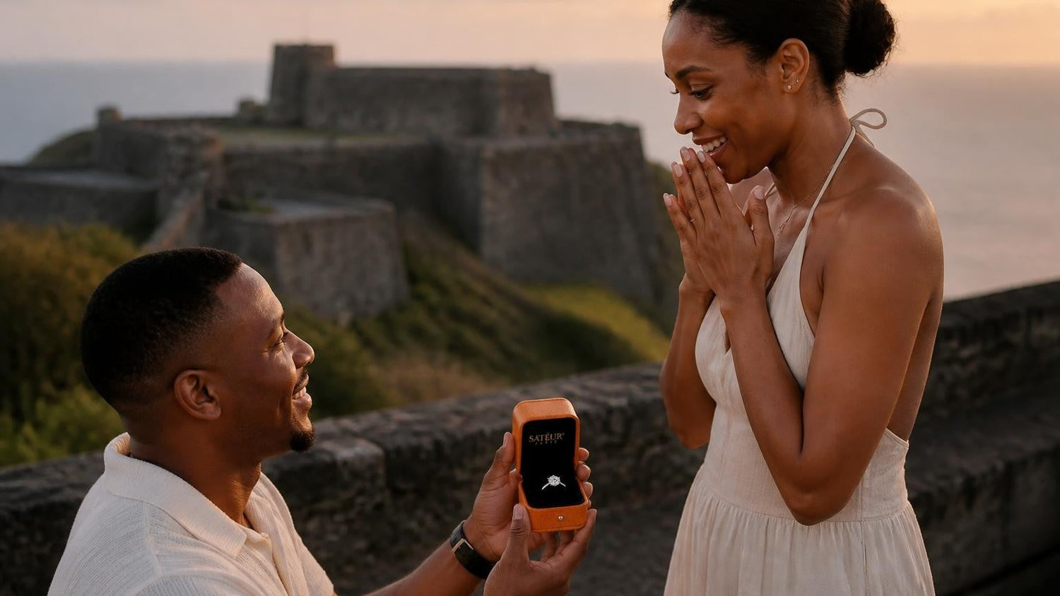 Marriage proposal in St. Kitts & Nevis with the Satéur Destinée Ring — sunset above Brimstone Hill Fortress over the Caribbean Sea