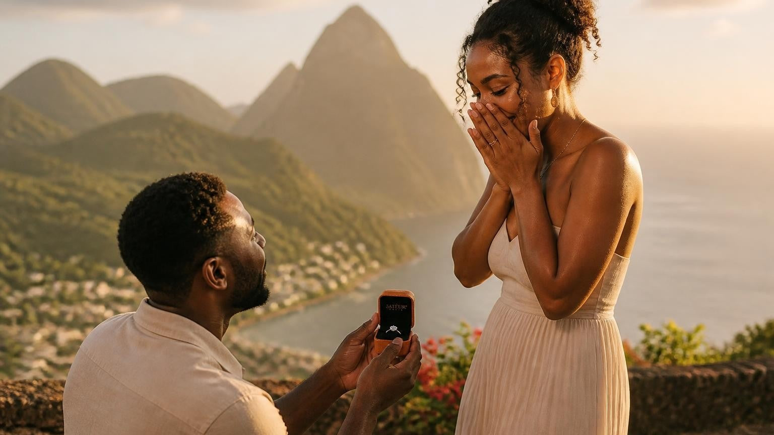 Marriage proposal in St. Lucia with the Satéur Destinée Ring — couple at sunset above the Pitons in Soufrière